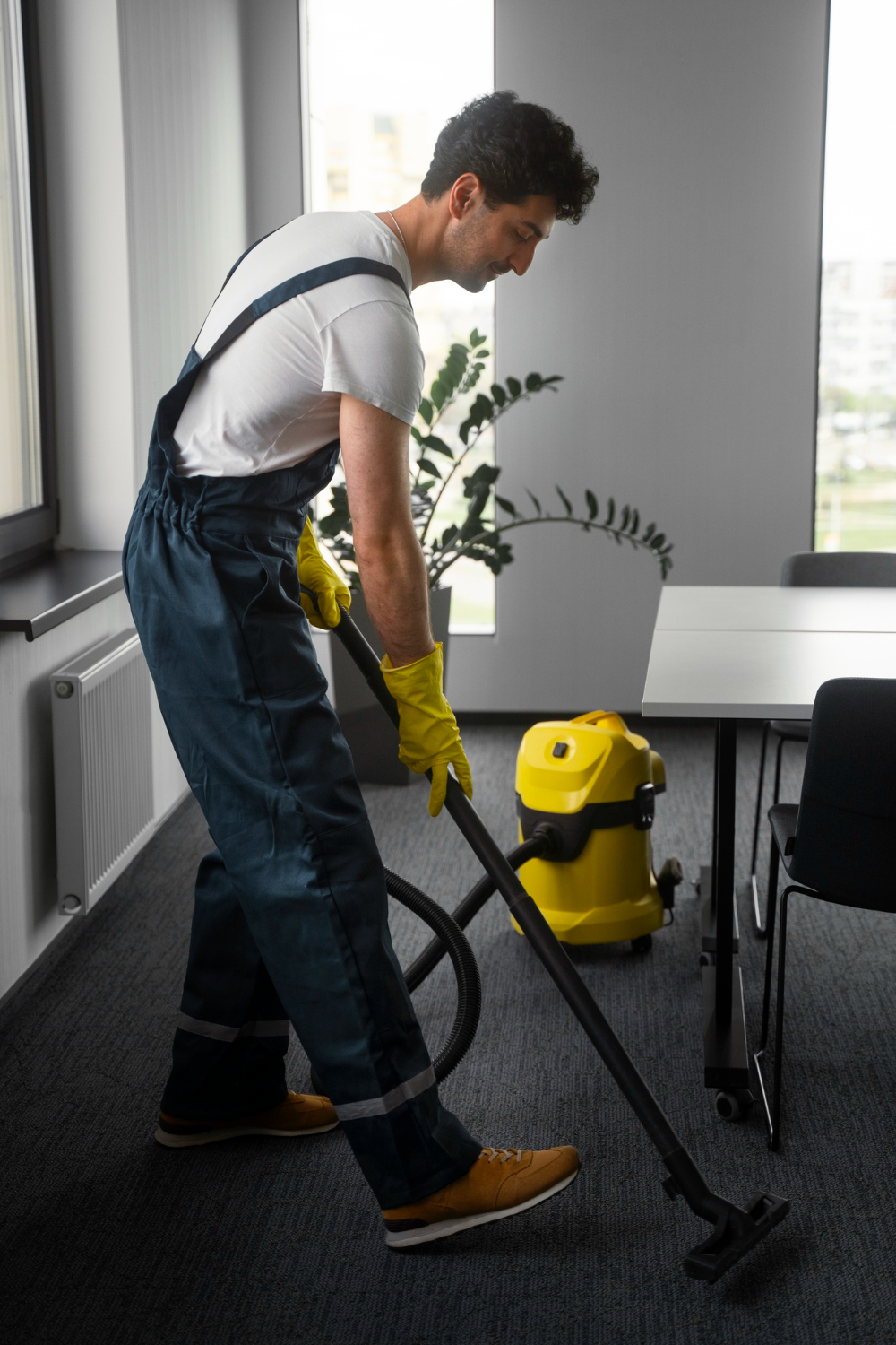 A man in overalls and rubber gloves cleans a room, showcasing commercial carpet cleaning in Orlando, Fl.