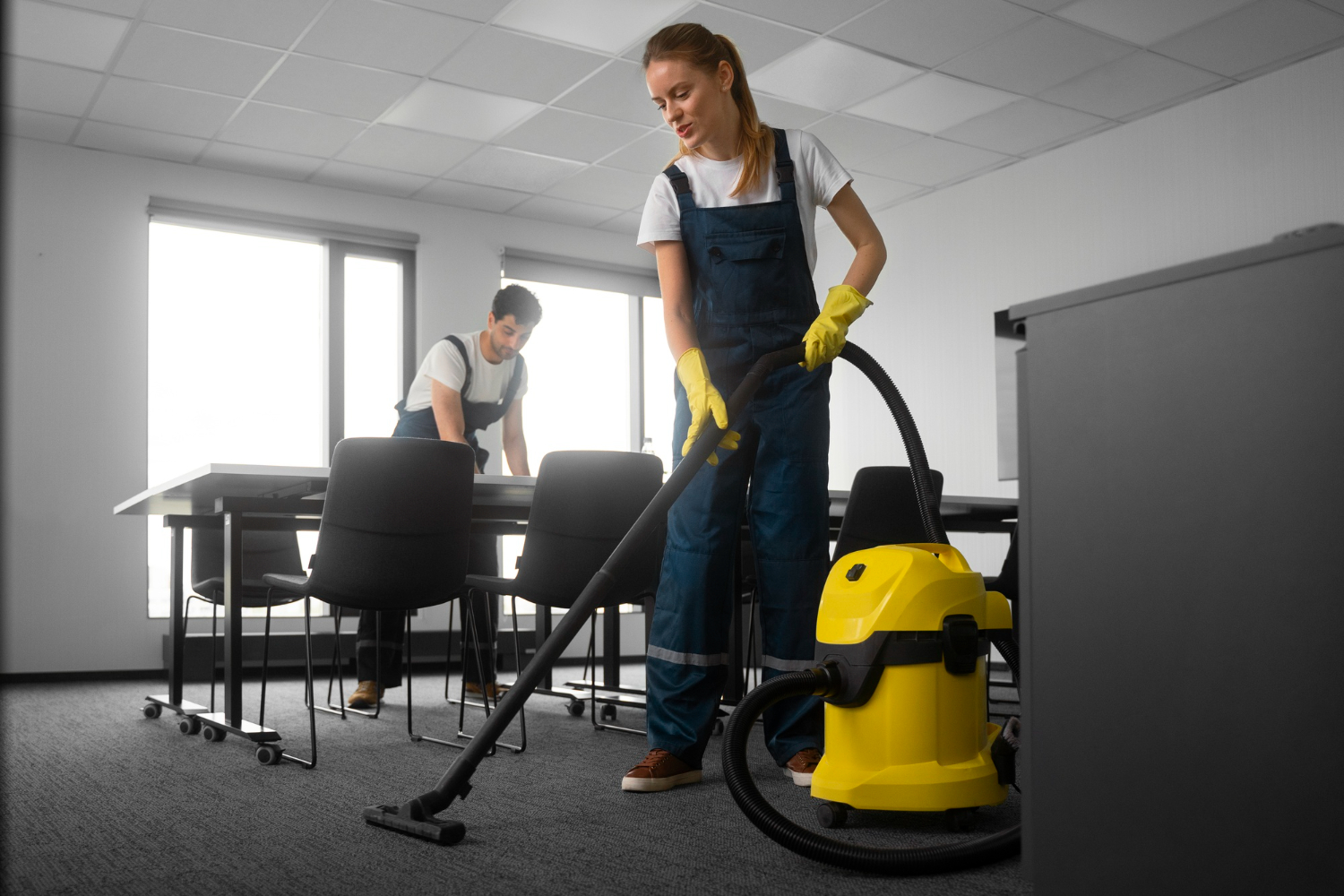 In Orlando, FL, a woman in overalls and a man in a suit clean a room with a vacuum wet carpet, dirty carpet office carpet cleaning